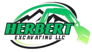 Herbert Excavating LLC logo with green excavator and mountain design
