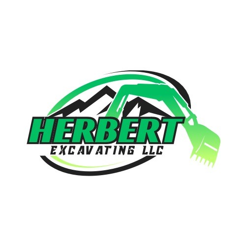 Herbert Excavating LLC logo with green excavator and mountain graphic